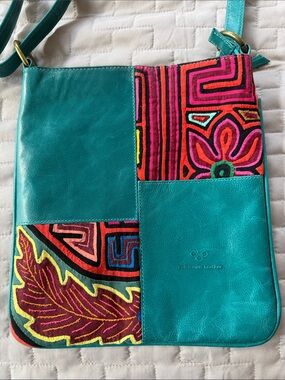 Colombian Leather Teal Crossbody with Multicolor Embroidered Panels